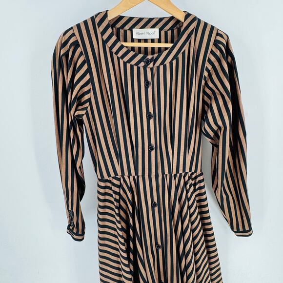 Vintage Albert Nipon Striped Button Front Midi Dress Brown Black Long Sleeve - Picture 4 of 9